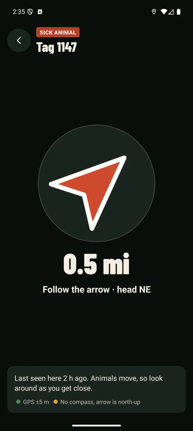 Take me there for Tag 1147: a big arrow pointing northeast, 0.5 mi to go.