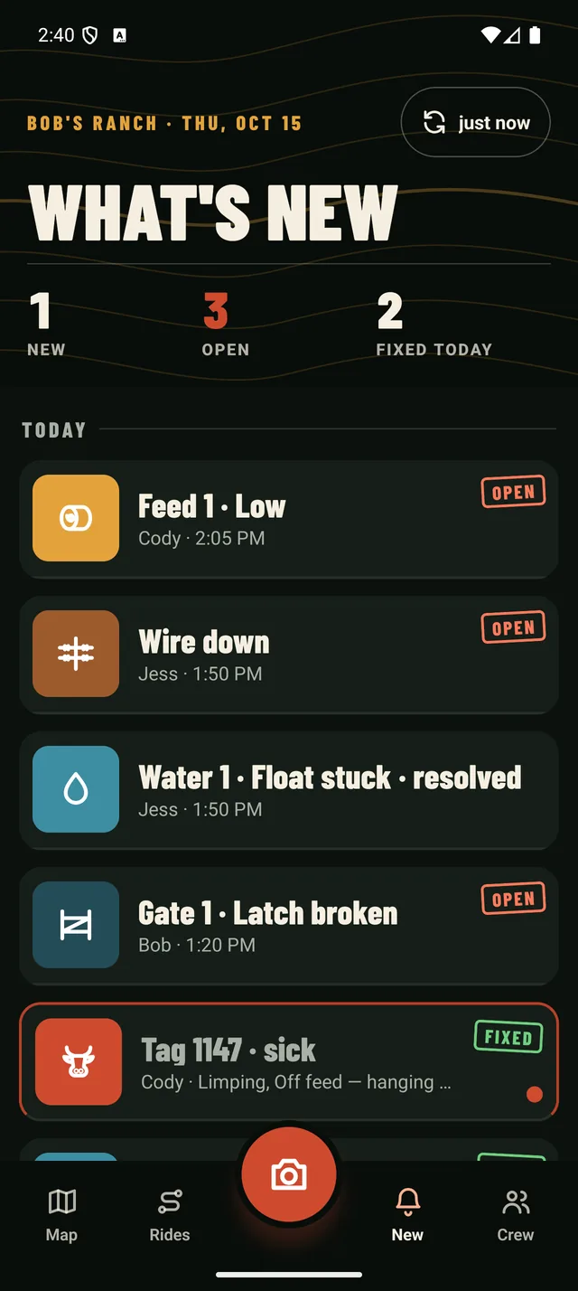 The What's new tab: 3 open and 2 fixed today, with Feed 1 low, a wire down, Water 1 float stuck and resolved, Gate 1 latch broken, and Tag 1147 marked fixed.